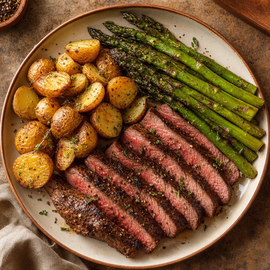 A logged meal - sliced steak, roast potatoes and asparagus